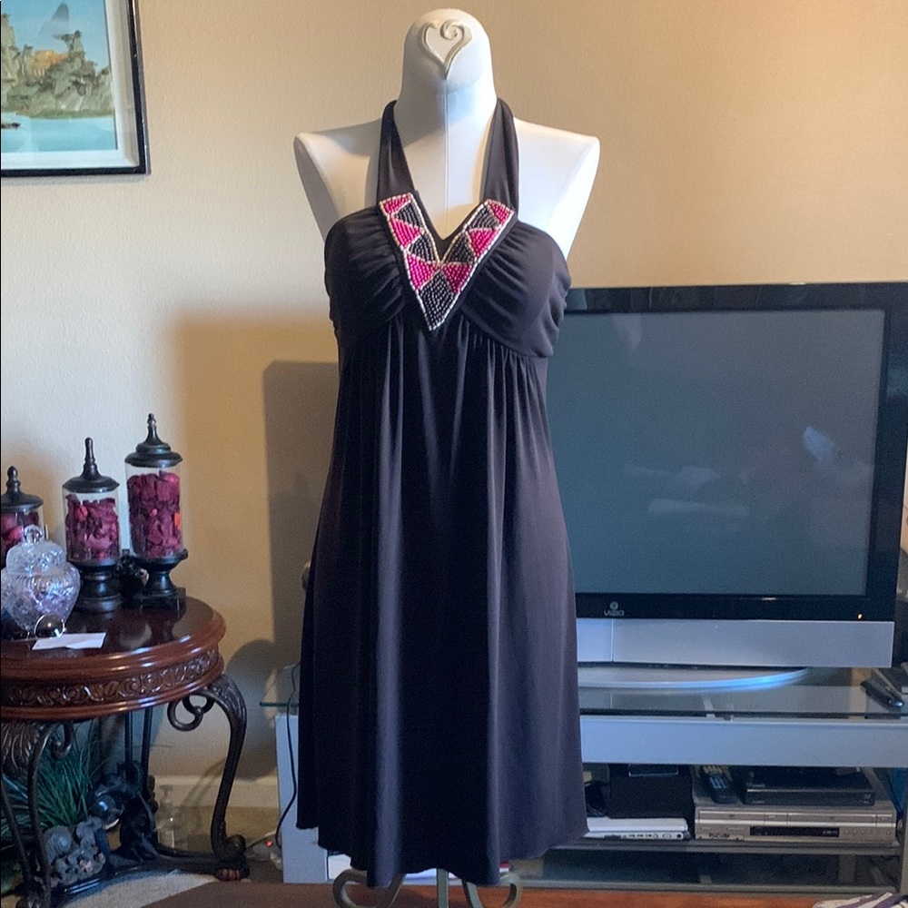 Brown Halter Dress with Pink, Brown and Beige Beaded Detail